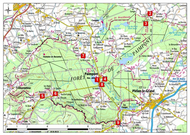 Carte de localisation des arrêts - Balade de Paimpont
